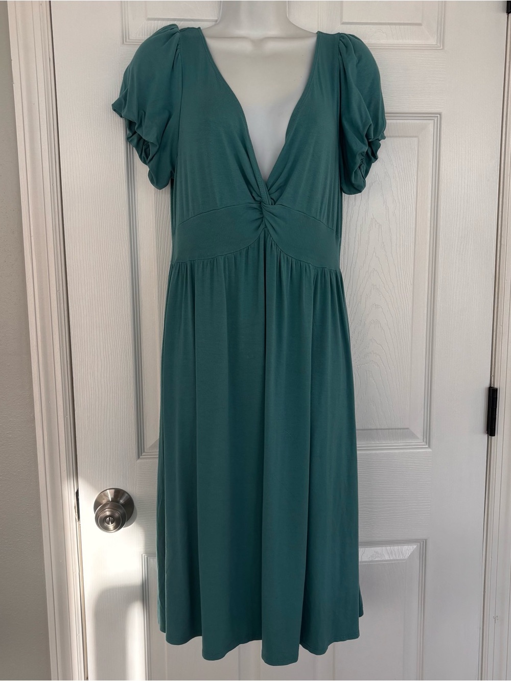 Max Studio Teal V-Neck Knot-Front Midi Dress